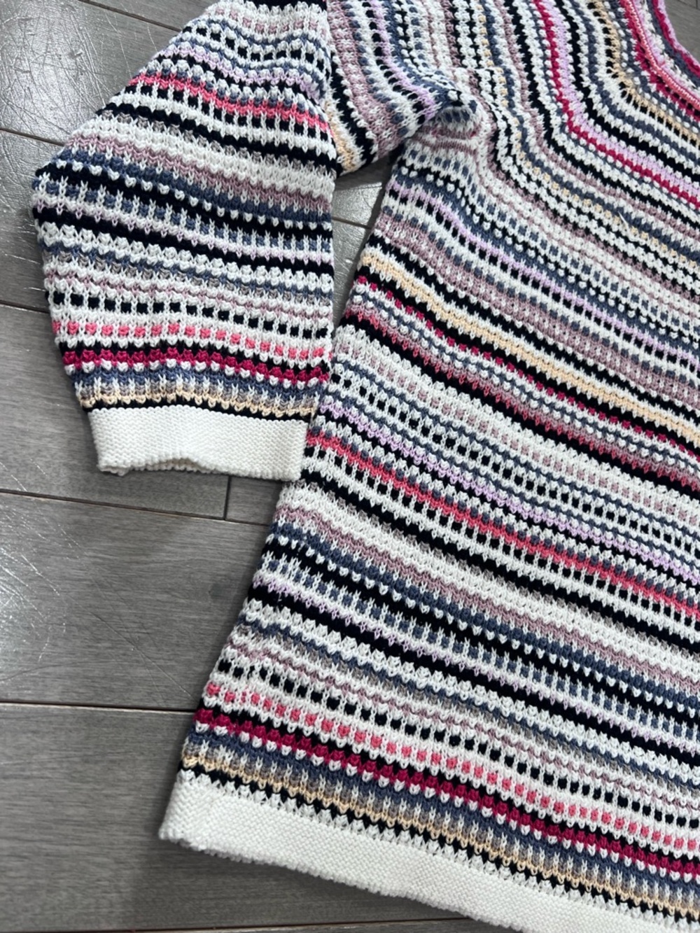 NIC+ZOE Multicolor Stripe Crochet Knit Sweater Mindfully Made Cotton, Medium - Picture 7 of 13
